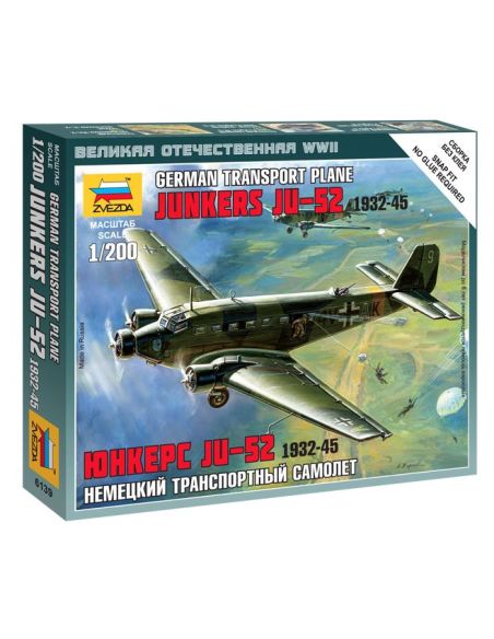 ZVEZDA Z6139 JUNKERS JU-52 GERMAN TRANSPORT PLANE KIT 1:200 Modellino