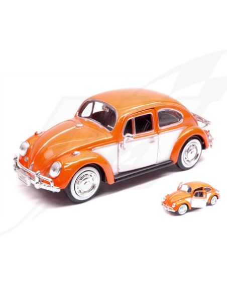 VW BEETLE W/LUGGAGE ORANGE BEIGE 1:24 Modellino