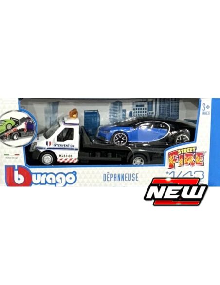 BBURAGO BU31400-02 BUGATTI CHIRON + FLATBED TRANSPORTER 1:43 Modellino