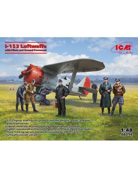 ICM ICM48094 SOVIET I-153 WITH LUTWAFFE PILOTS AND GROUND PERSONNEL KIT 1:48 Modellino