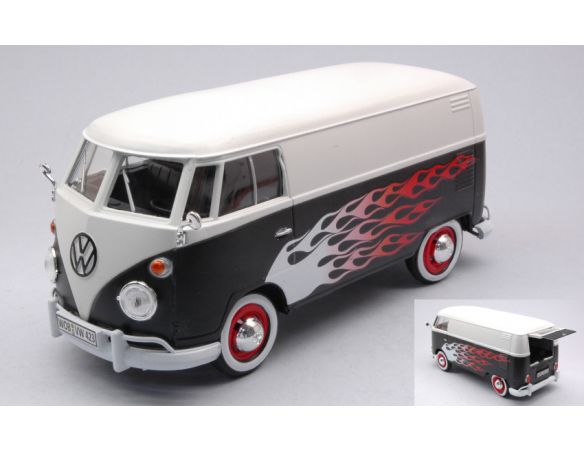 MOTORMAX MTM79566 VW TYPE 2 (T1) DELIVERY VAN WHITE/BLACK W/FLAMES 1:24 Modellino